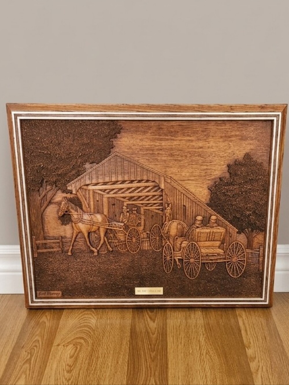 VTG Kim Murray "At The Crossing" Bas-Relief Wood Carving - 18x14 Artist Signed